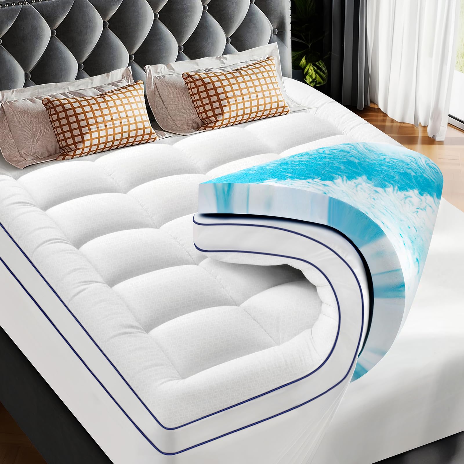 Premium Dual Layer 3 Inch Memory Foam Mattress Topper, 2 Inch Gel Memory Foam an