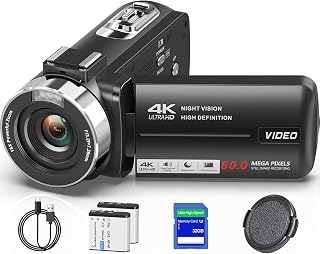 4K 80MP Camcorder Video Camera 18X Zoom Vlogging Camera for YouTube Webcam | Autofocus, IR Night Vision, 3.0" 270° Rotatable IPS Screen; Video Recorder with 32GB SD Card, Lens Cap & 2 Batteries