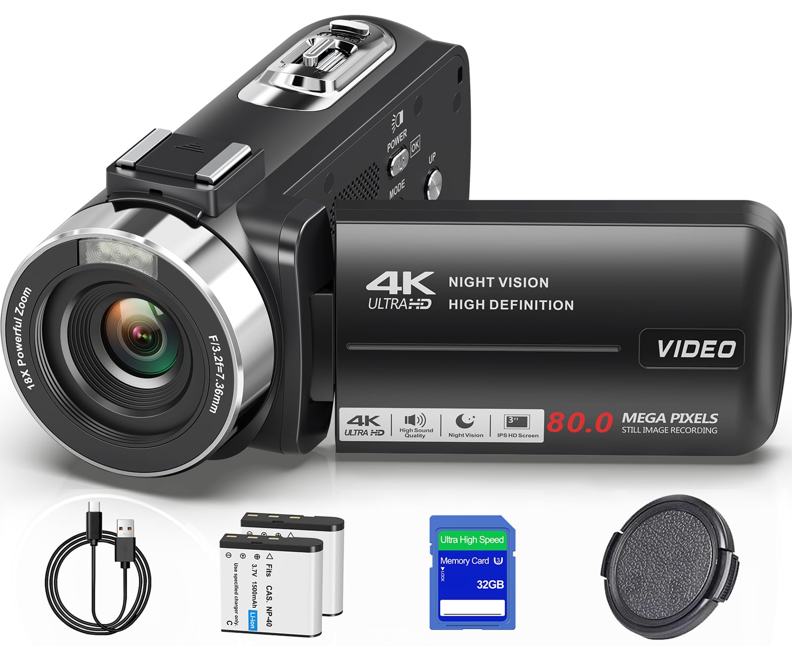 4K 80MP Camcorder Video Camera 18X Zoom Vlogging Camera for YouTube Webcam | Aut