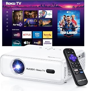 Aurzen Roku TV D1R Smart Portable Outdoor Projector with WiFi and Bluetooth | Roku TV Built-in, All Top Apps, 1080P FHD, DoIby Audio, Auto Focus & Keystone, Zoom, Mini Projector for Home & Outdoor Movies
