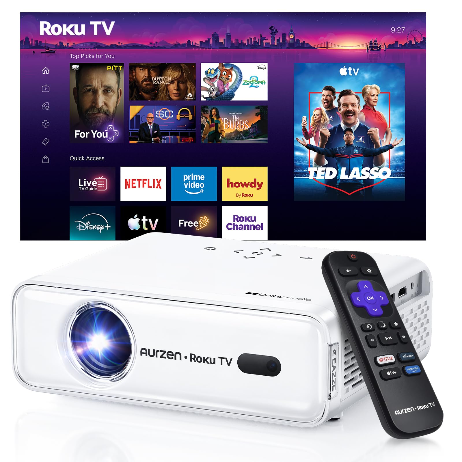 Aurzen Roku TV D1R Smart Portable Outdoor Projector with WiFi and Bluetooth | Ro