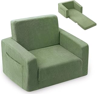 Jouha 2-in-1 Kids Chair and Couch, Cozy Corduroy Kids Sofa, Green | Fold-Out Kids Couch, Boys and Girls, Bedroom & Playroom, Reading and Playing, Lightweight, Removable Washable Cover
