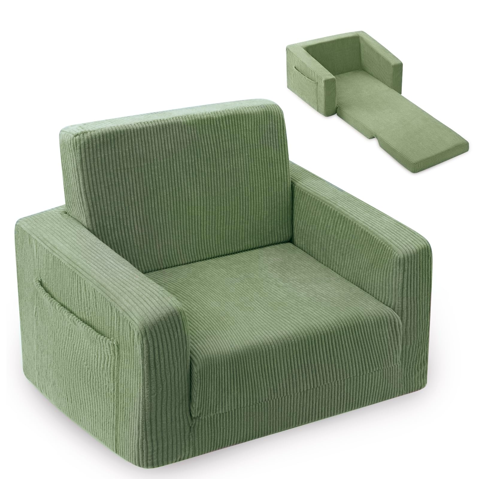Jouha 2-in-1 Kids Chair and Couch, Cozy Corduroy Kids Sofa, Green | Fold-Out Kid