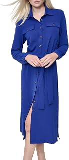 DKNY Womens Long Sleeve Collared Tie Midi ShirtdressDress