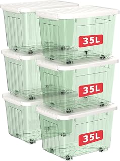 Cetomo 35 L x 6 Storage Boxes, Groove Reinforced Plastic Boxes with Wheels & Lids, Stackable Storage Box, Organiser Boxes for Home and Office, PP, Transparent Green, 35 L (Pack of 6)