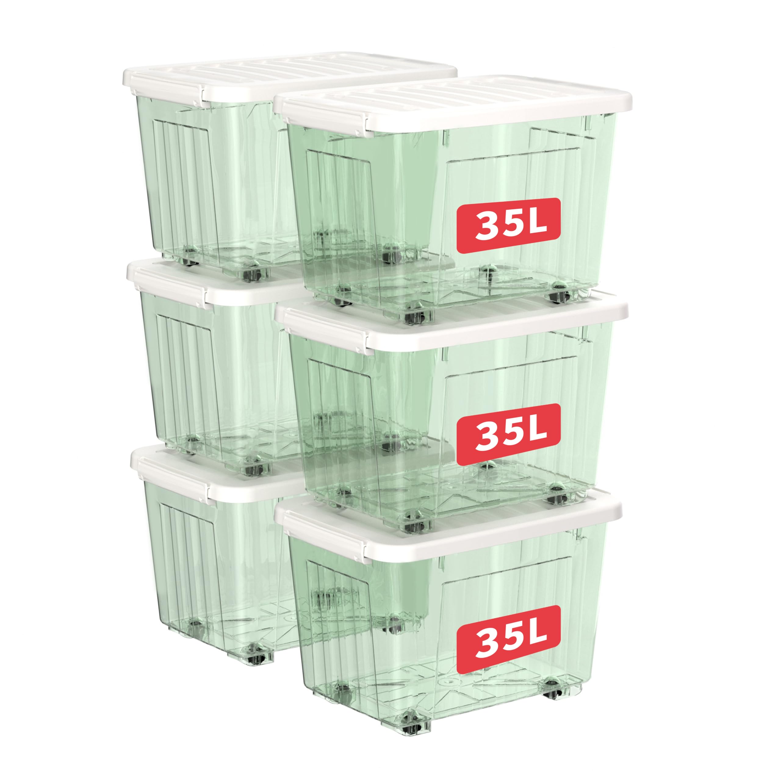 Cetomo 35 L x 6 Storage Boxes, Groove Reinforced Plastic Boxes with Wheels & Lid