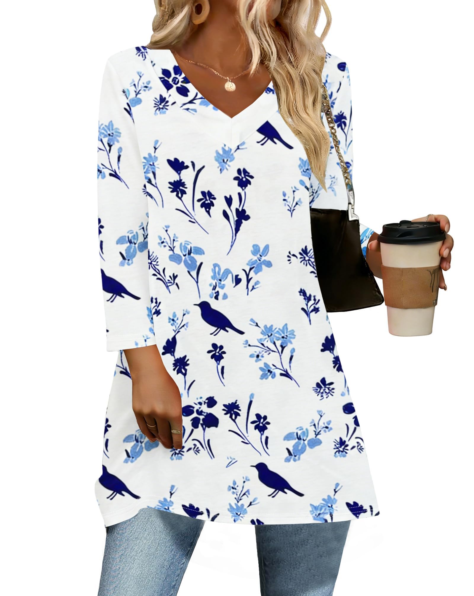 JomeDesign Top da donna con maniche a 3/4, estive, scollo a V, casual, tunica to