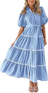 PRETTYGARDEN Women's Summer Button Down Shirt Dress Short Puff Sleeve Ruffle Long Flowy Dress