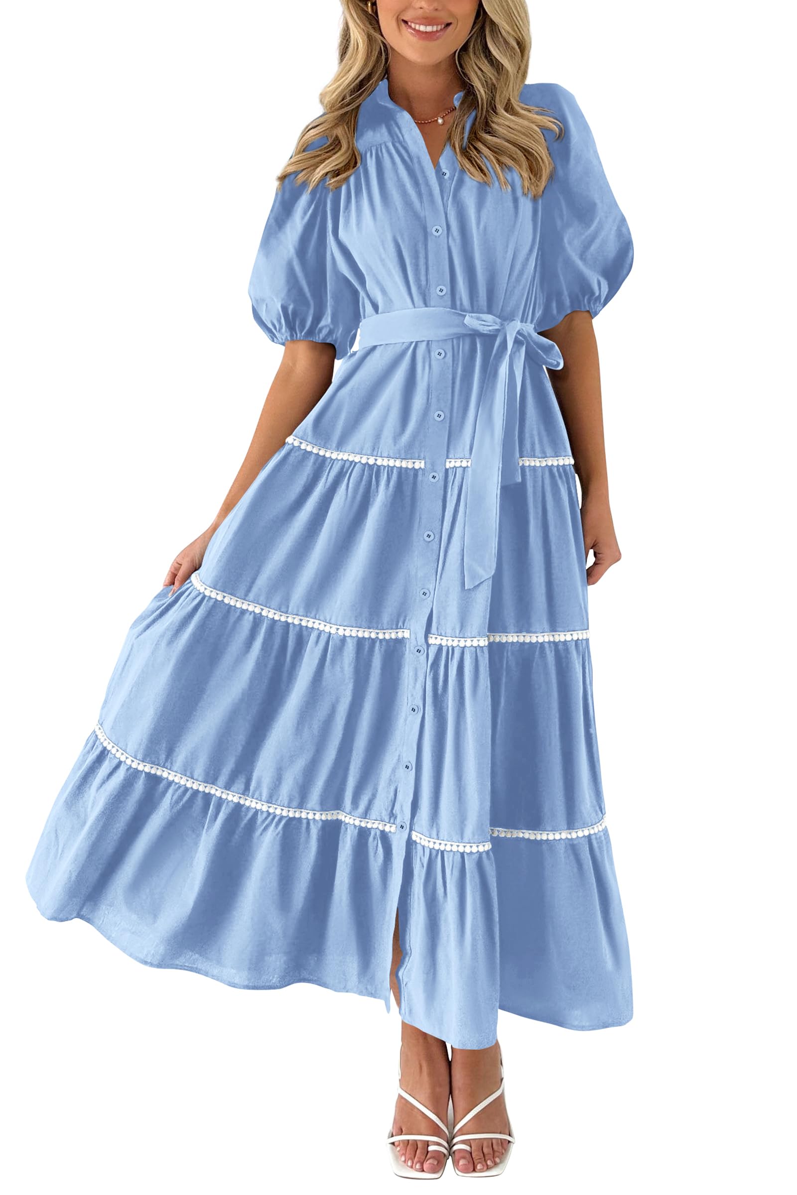 PRETTYGARDEN Women's Summer Button Down Shirt Dress Short Puff Sleeve Ruffle Lon