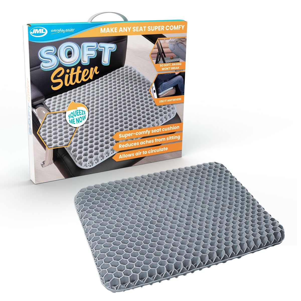 JML Soft Sitter Gel Seat Cushion – Honeycomb Pressure Relief Pad, Grey | Breatha