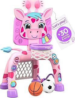 Move2Play, Giraffe Basketball Hoop & Soccer Goal Activity Center | 30+ Sounds & Lights | 1, 2, 3+ Year Old Birthday Present | 6, 12, 18, 24+ Month Toy for Baby, Toddler, Boys, & Girls