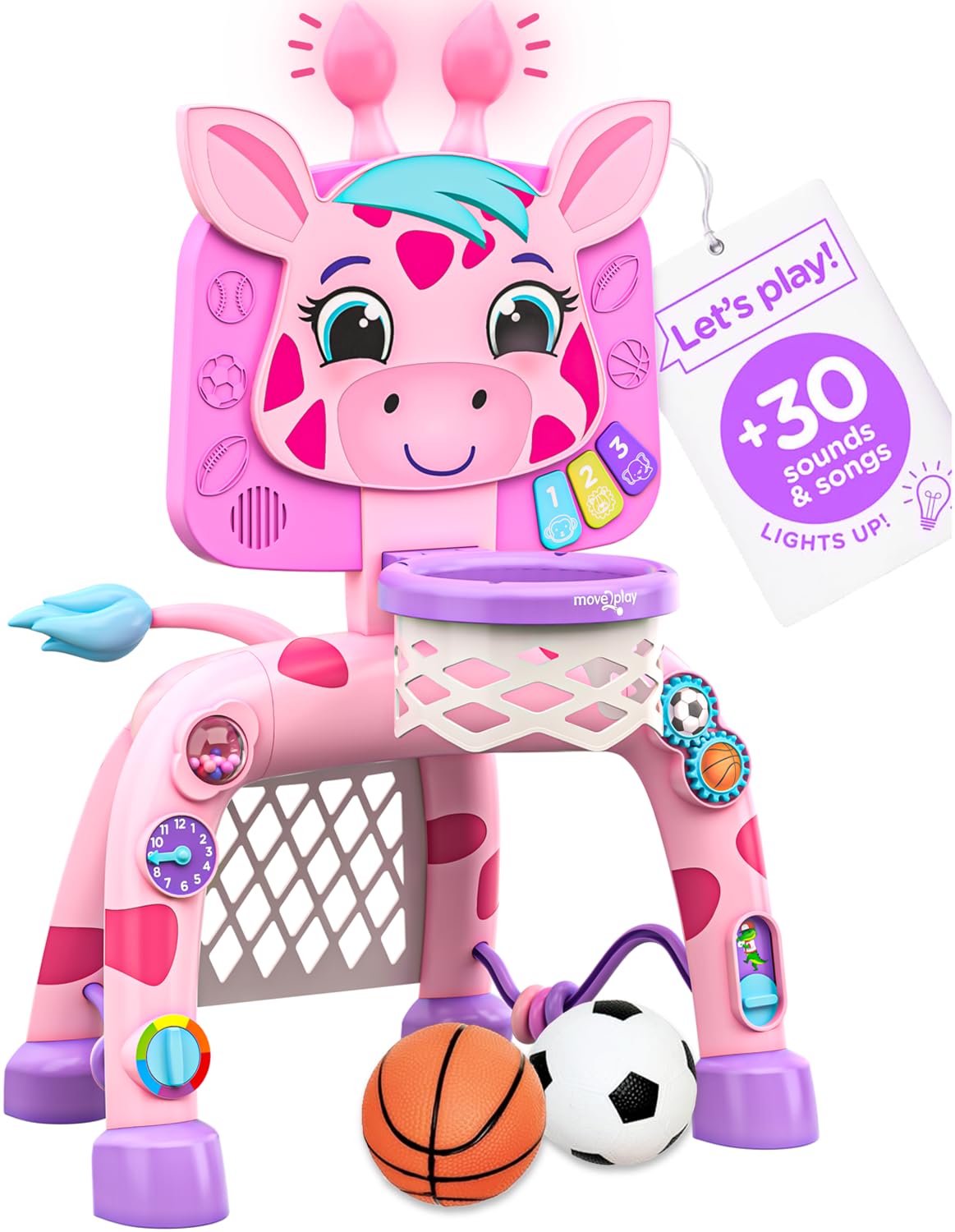 Move2Play, Giraffe Basketball Hoop & Soccer Goal Activity Center | 30+ Sounds & 