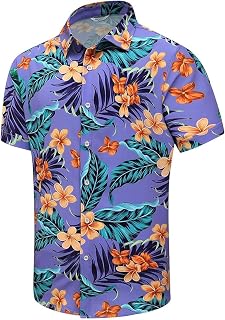 SheLucki Hawaiian Shirt for Men, Unisex Summer Beach Casual Short Sleeve Button Down Shirts, Printed Palmshadow Clothing