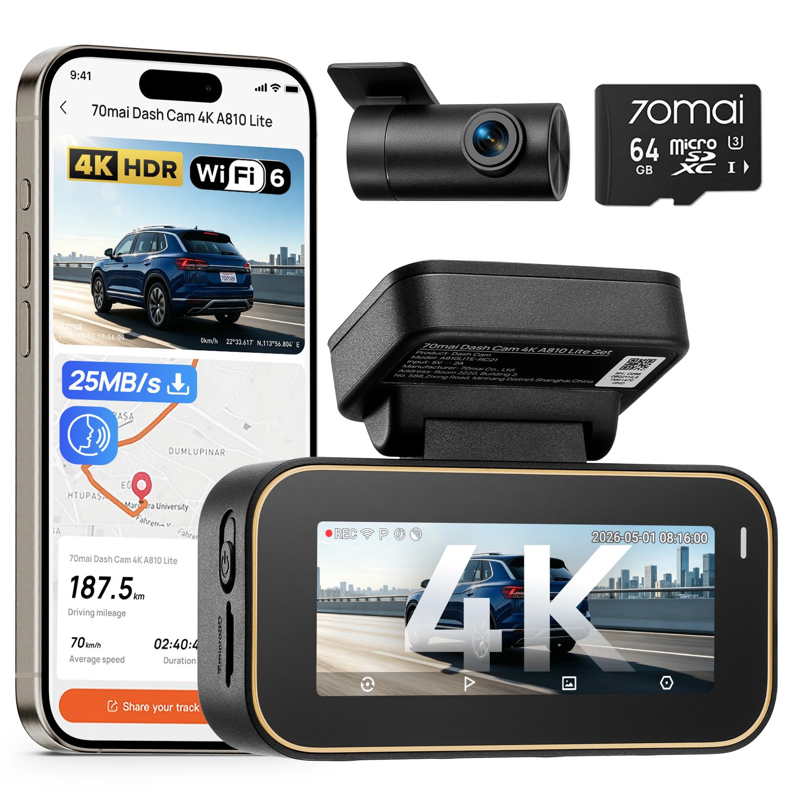 70mai A810 Lite 4K Dash Cam Front and Rear, 5GHz WiFi 6 DashCam, Car Camera with