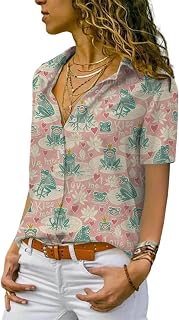 Women's Short Sleeve Button Down Shirts, Collared Floral Camp Shirt Blouse Tops for Casual Work and Vacation