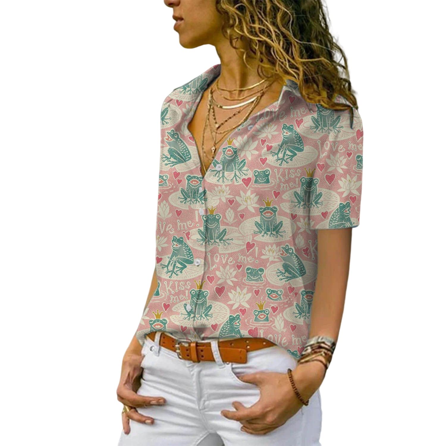Women's Short Sleeve Button Down Shirts, Collared Floral Camp Shirt Blouse Tops 