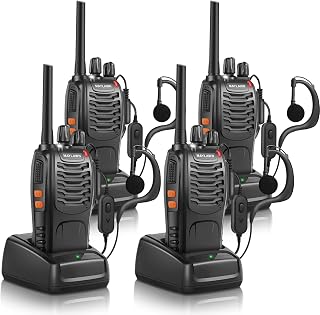 Maylawn Walkie Talkies Pack of 4, Long Range Two Way Radios for Adults | Easy to Use, Includes Rechargeable Batteries, Earpieces, LED Light, 5km Range, 16 Channels, VOX, PMR446