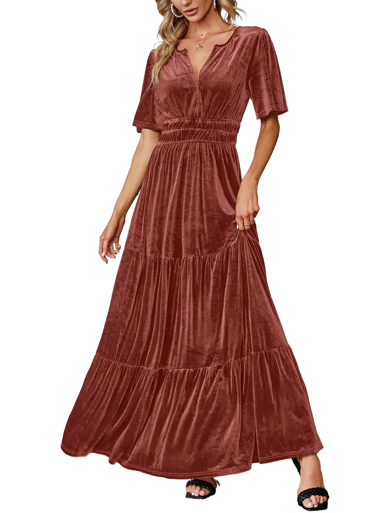 Amegoya Women's Short Sleeve V Neck Formal Wedding Guest Maxi Dresses Spring Fal
