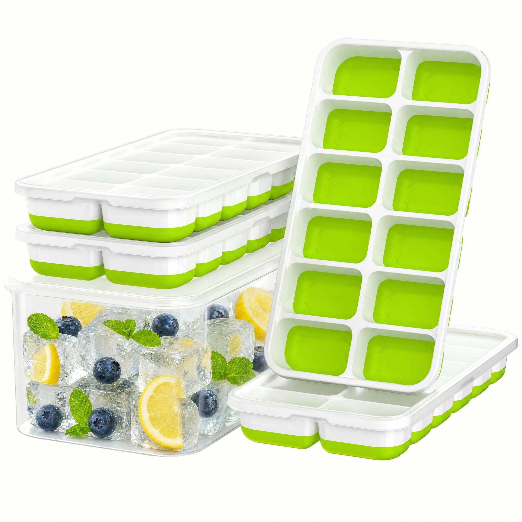 Ice Cube Tray with Lid and Bin - 4 Pack 48 Cubes Stackable Freezer Mold | Easy-R