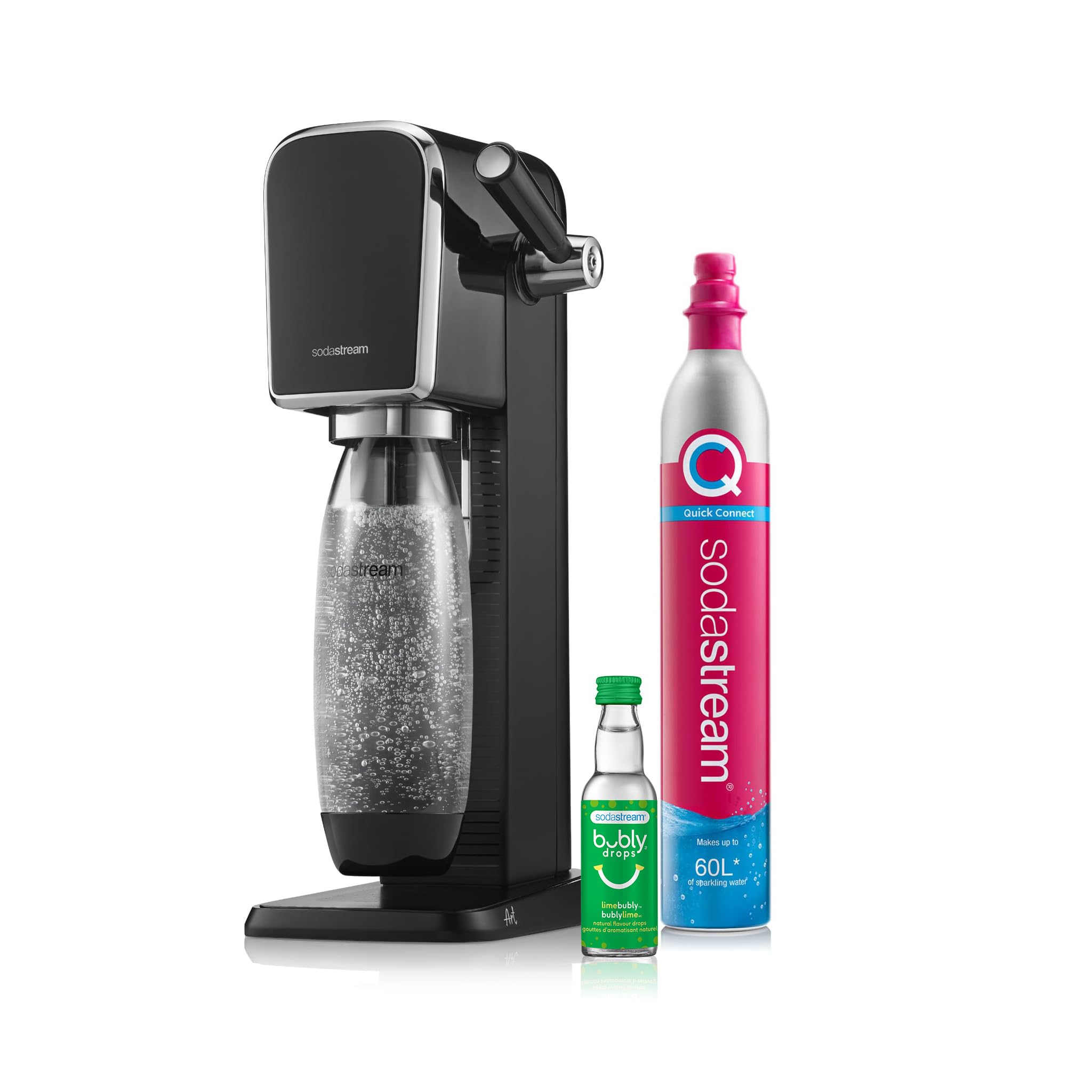 SodaStream Art Sparkling Water Maker (Black) with CO2, 1L DWS Bottle & Bubly Dri
