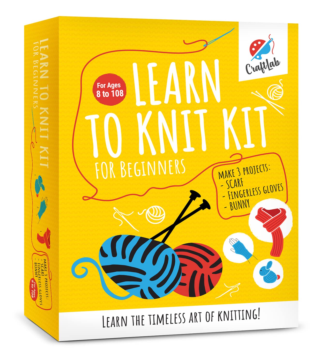 CraftLab Knitting Kit - Beginner Knitting Supplies with Wool Yarn, Needles, Inst