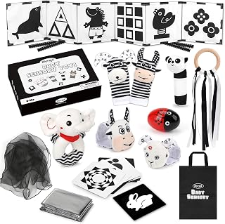 Joyreal Baby Sensory Toys, 13 Pcs Black and White Sensory Toys 0-6 Months, Foil Blanket, Sensory Cards, Baby Rattles, Ribbon Ring, Scarf, Maracas, Newborn Toys Sensory Box 0-3 Months Gifts