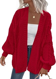 PRETTYGARDEN Maglione autunnale da donna lavorato a maglia a trecce aperto sul davanti maglione a maniche lunghe cardigan grosso maglioni capispalla alla moda cappotti, Rosso, XL