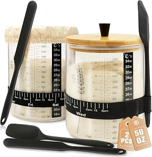 50oz Sourdough Starter Jar, 2Pcs Large Wide Mouth Glass Sourdough Jar Kit | Sourdough Starter Kit with Lid, Feeding Bands, Cloth Cover & Thermometers for Sourdough Bread Baking