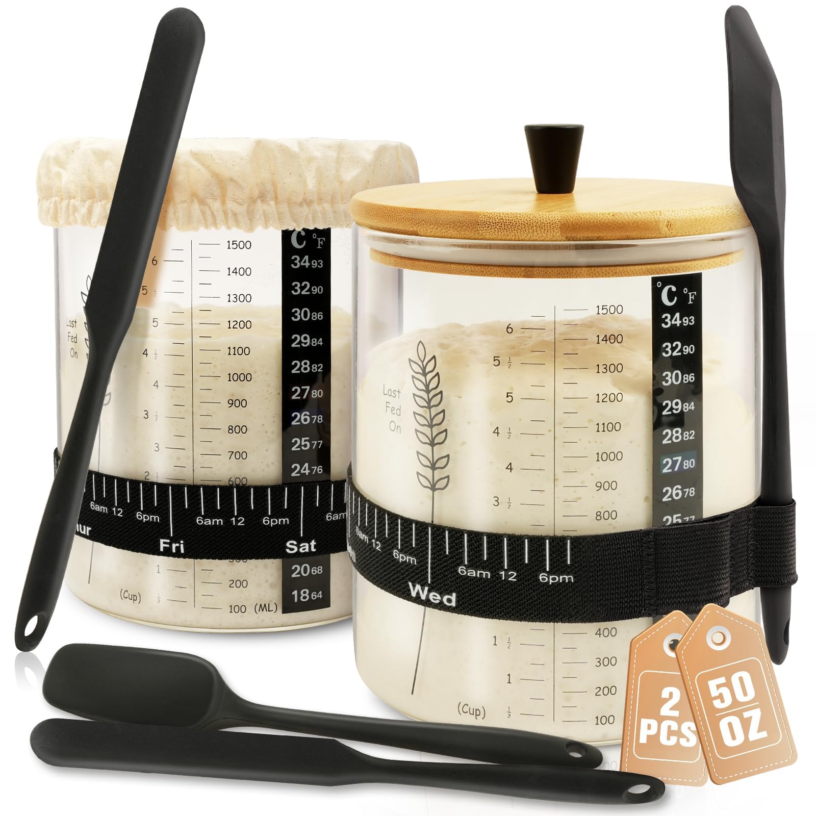 50oz Sourdough Starter Jar, 2Pcs Large Wide Mouth Glass Sourdough Jar Kit | Sour