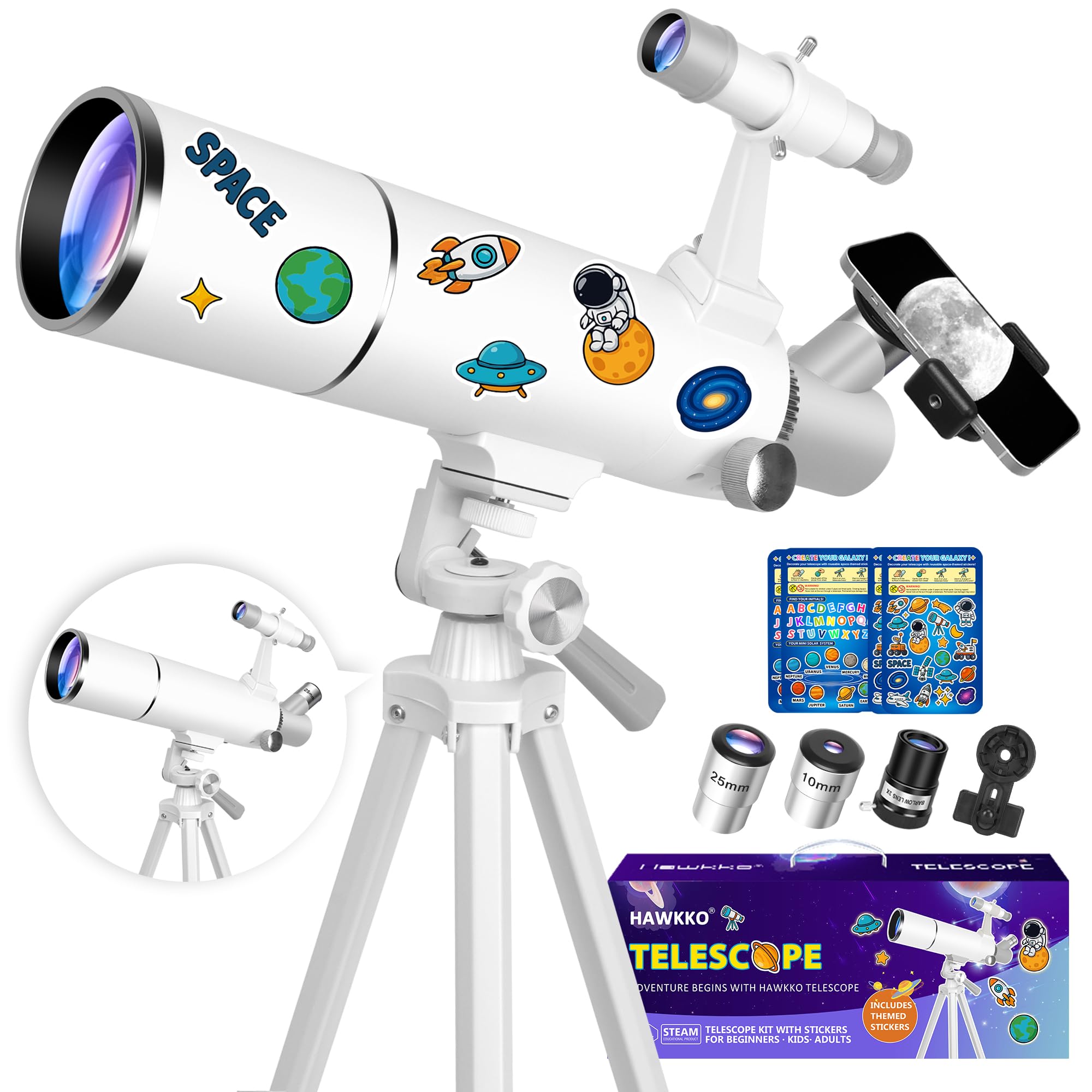 Hawkko 80mm Aperture 500mm Telescope for Kids 8-12 & Adults Beginners