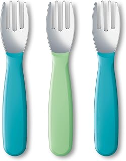 NUK Kiddy Cutlery Forks, 3-Pack, Blue & Green | Durable Stainless Steel, Easy-Grip Handles, Keeps Tips Off Table, BPA-Free, Latex-Free, Dishwasher Safe