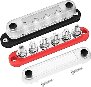 DaierTek 12V Bus Bar 6 x 5/16" (M8) Terminal Studs 12 Volt Power Distribution Block with Cover Battery Bus Bar 12V - 48V Positive & Negative for Automotive Car Boat Solar System