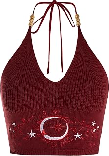 Verdusa Women's Y2k Halter Tops Embroidery Crop Top Western Cowgirl Shirts