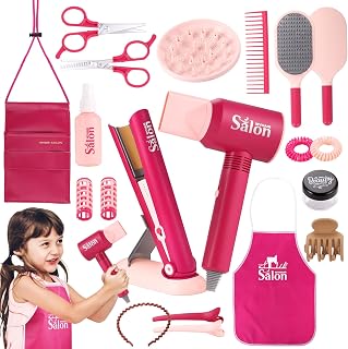 GAGAKU Pretend Hair Salon Toys for Girls,Pretend Makeup for Toddlers Dress Up Beauty Salon Set Stylist Kit with Hair Dryer Apron Curling Flat Scissors Accessories Girl Gifts