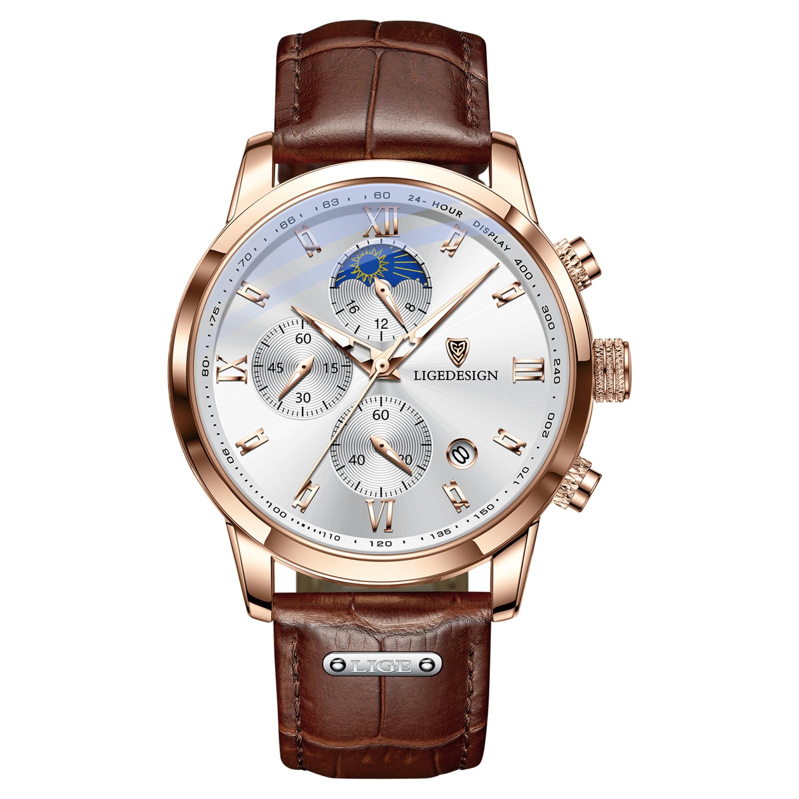 LIGE Men's Vintage Leather Chronograph 3ATM Waterproof Watch