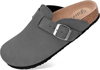 FITORY Damen Clogs Slip-On Kartoffelschuhe Leder Pantoletten Spitze Wildleder Kork Fußbett Größen 37-43