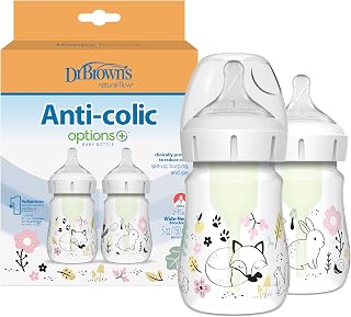 Dr. Brown’s Natural Flow Anti-Colic Options+ Wide-Neck Baby Bottle Designer Edition Bottles, Woodland Decos, 5 oz/150 mL, Level 1 Nipple, 2-Pack, 0m+