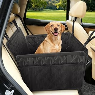 Looxmeer Extra Stable Dog Car Seat with Seat Belt, 4 Storage Bags, Non-Slip | Waterproof Car Back Seat for Max 26kg Small Medium Large Dogs Travel,Scratch-Resistant,4 Horizontal & 4 Vertical Support Rods