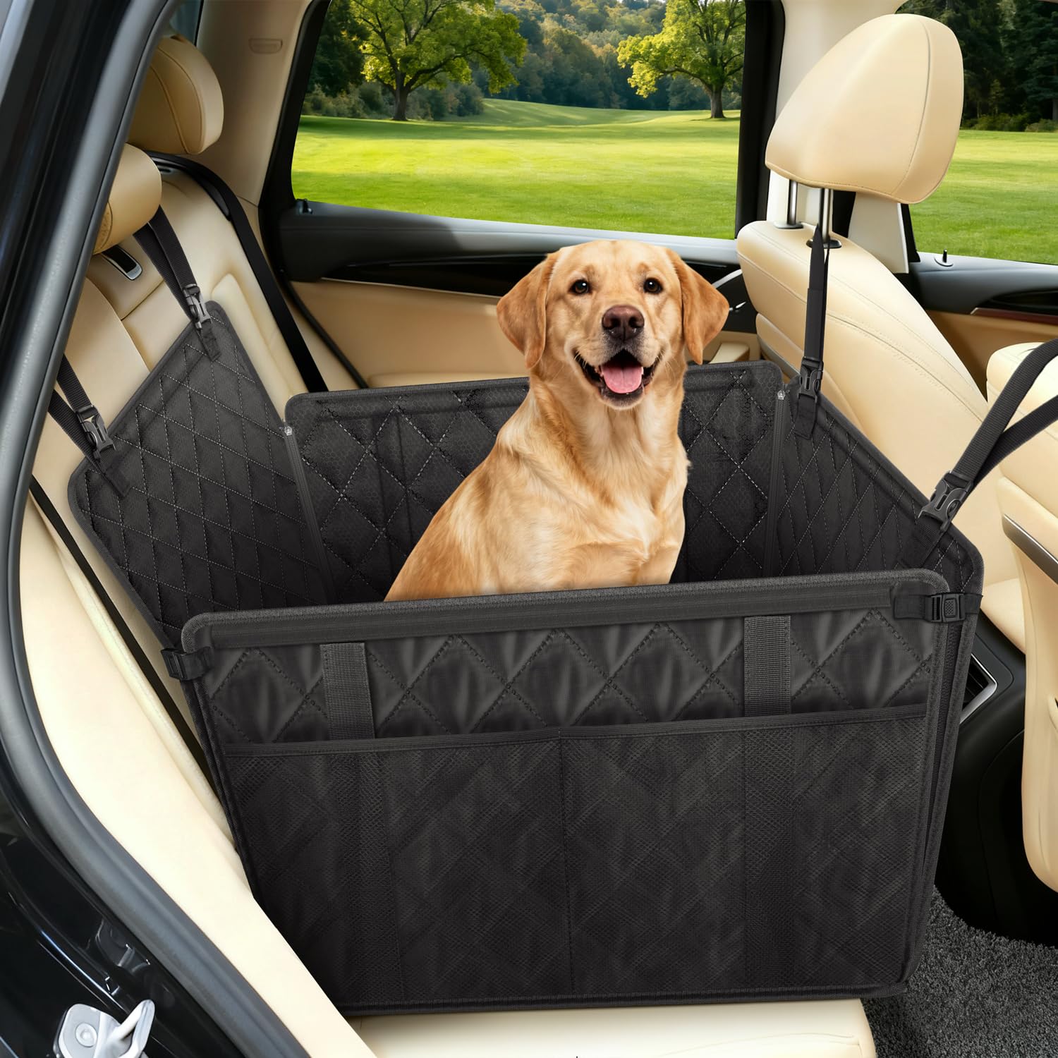 Looxmeer Extra Stable Dog Car Seat with Seat Belt, 4 Storage Bags, Non-Slip | Wa