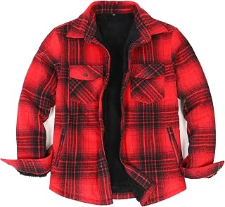 ZENTHACE Men's Sherpa Lined Flannel Shirt Jacket,Long Sleeve Brushed Flannel Shacket Jackets,Push Button