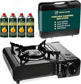 Green Haven Portable Camping Stove | 4 Butane Gas, Carry Case | EN417 & HEAT CONTROL: 2100 Auto Ignition.watts · compact · outdoor cooking · caravanning · festival · tabletop · premium
