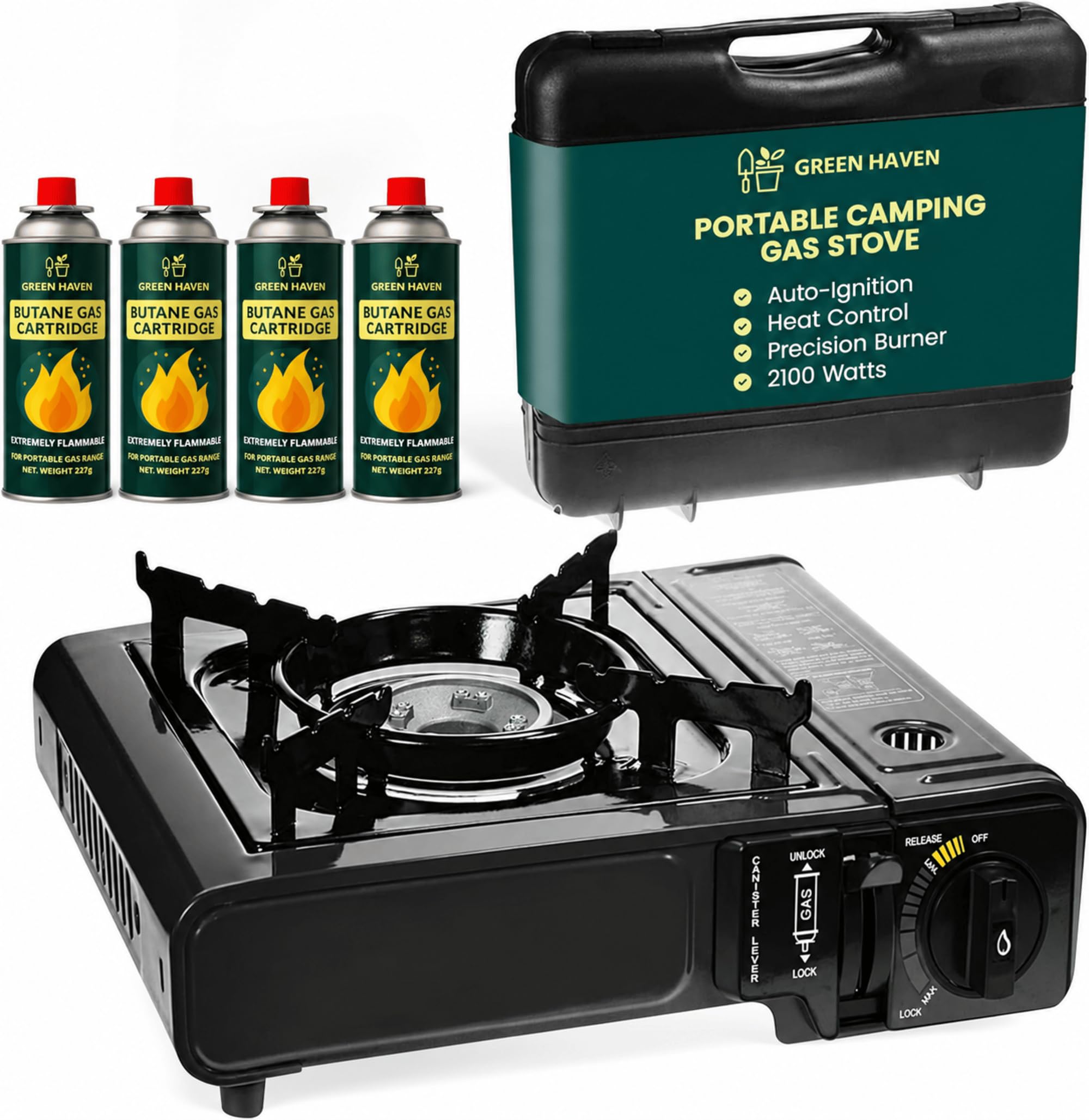Green Haven Portable Camping Stove | 4 Butane Gas, Carry Case | EN417 & HEAT CON