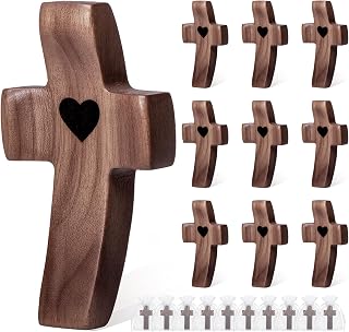 10-Pack Wooden Cross Fidget with Organza Bags, Handmade Pocket Walnut Cross | Handheld Prayer Cross My Heart Stress Relief, Inspirational Easter Gift for Christian Faith, Prayer, Religious Bulk Gifts