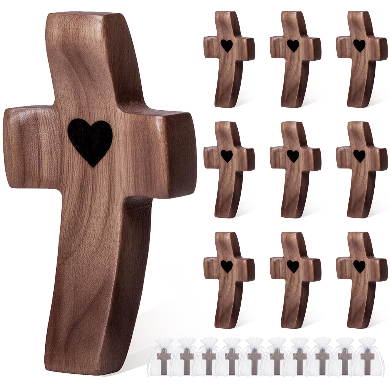 10-Pack Wooden Cross Fidget with Organza Bags, Handmade Pocket Walnut Cross | Ha