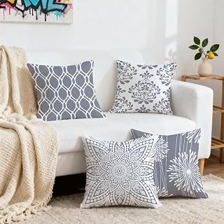 Set of 4 Decorative Throw Pillow Covers Square Modern Simple Cushion Covers for Living Room Sofa Bed Home Decor Boho Throw Pillow Covers 18x18 Inch Grey and White