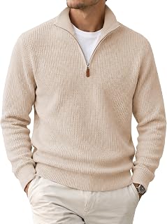 JMIERR Men's Waffle Knit Sweater Pullover Quarter Zip Suede Patch