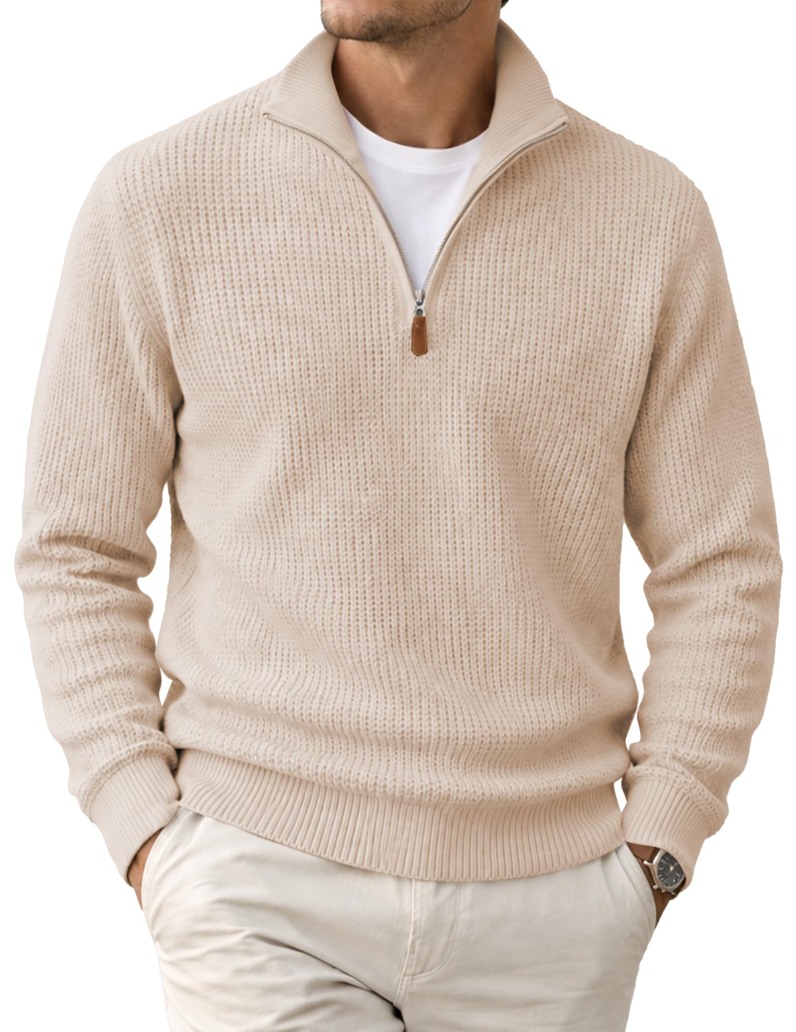 JMIERR Men's Waffle Knit Sweater Pullover Quarter Zip Suede Patch