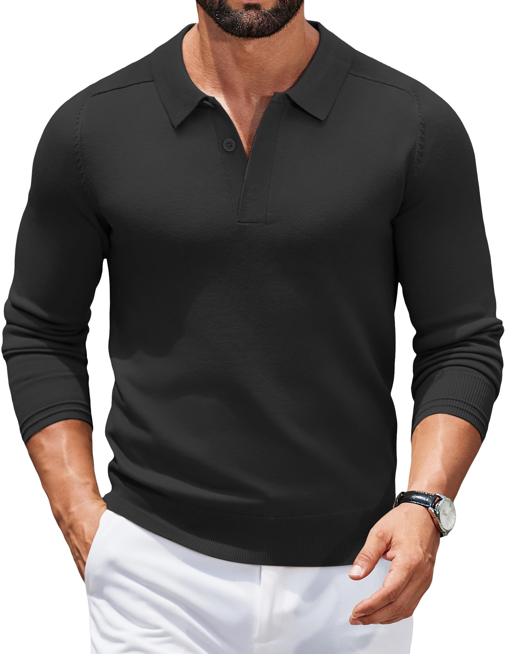 COOFANDY Men's Pullover Collar Polo Long Sleeve Regular Fit Knitted Sweater Casu