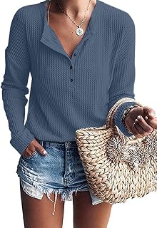WNEEDU Women's Waffle Knit Tunic Tops Long Sleeve Henley Shirts