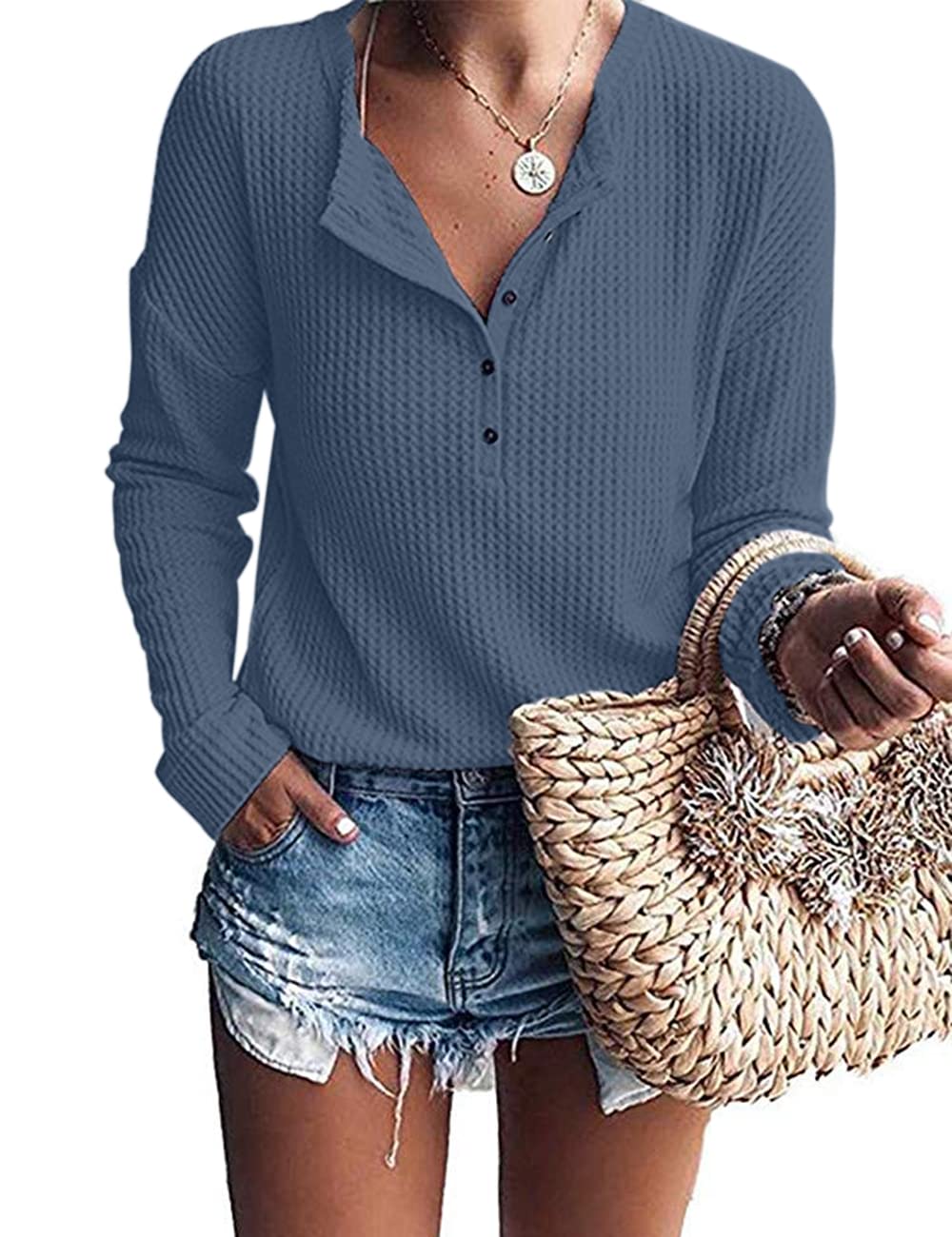 WNEEDU Women's Waffle Knit Tunic Tops Long Sleeve Henley Shirts